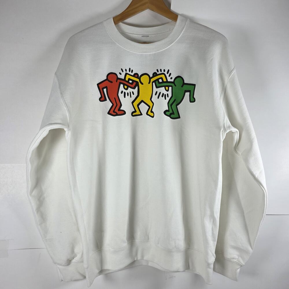 Keith Haring Medium Style Graphic Sweatshirt White Crewneck Dancing Figures
